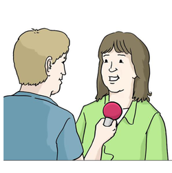 Grafik: Ein Mann interviewt eine Frau. Der Mann hält ein Mikrofon in der Hand.